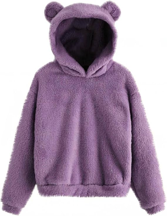 Winter Warm Lovely Fuzzy Teddy Bear Hoodie Women Cat Ear Plush Hooded Jumper Fleece Faux Fur Fluffy Flannel Pullover Sweatshirt Fluffy Cute Casual Soft Cozy Chunky Cropped Tops Outwear UK Plus Size
