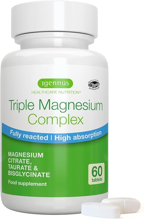Igennus Advanced Triple Magnesium Complex Fully Reacted & Chelated Glycinate Taurate & Citrate Clean Label High Bioavailability & Absorption 60 Tablets Vegan