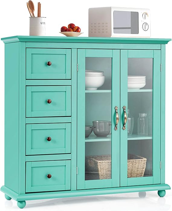 Sideboard Buffet Cabinet, Bathroom Floor Cabinet with 4 Drawers, Freestanding Pantry Cupboard w/Glass Door & 2 Shelves, Console Table, Small Kitchen Coffee Bar Cabinet (Green)