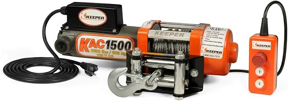 KEEPER Electric Winch 110/120V AC with Remote, Hand Held Control, 1500 lb. Capacity, AC Power, ATV, Truck, SUVs, Large Vehicles, Trailer Winch