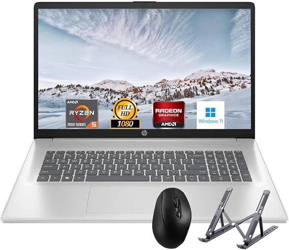 HP 17.3" Laptop, Full HD (1920 * 1080) Display, AMD Ryzen 5 Processor (Beats i7-11370H), 16GB RAM, 512GB SSD, Windows 11 Home, Webcam, Wi-Fi, Bluetooth, Natural Silver, Alpacatec Accessory