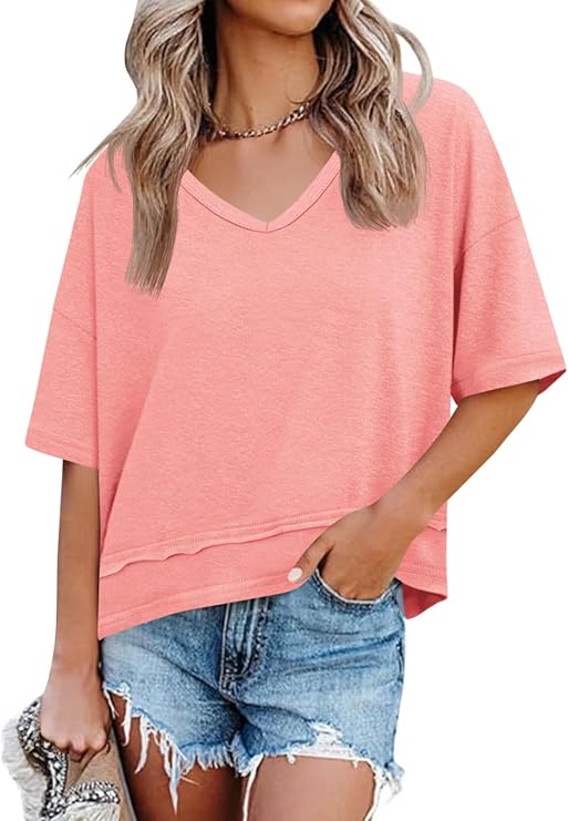 Cicy Bell Womens Summer V Neck T Shirts Loose Fit Oversized Casual Tops
