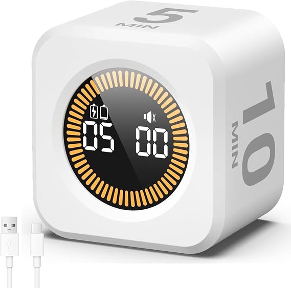 Pomodoro Timer 5/10/25/50 Minutes with Preset Visual Cube-Shaped Timer Gravity Sensor Silent Mode for Study, Work, Kitchen, ADHD Compatible Desk Learning Timer White