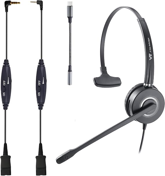 QD Headset with 3.5mm Jack&USB-C Adapter for PC,Cellphone,Tablet, 2.5mm Jack Compatible with Panasonic-Cisco-AT&T-Grandstream IP Phones, etc. with Mute, Volume Control