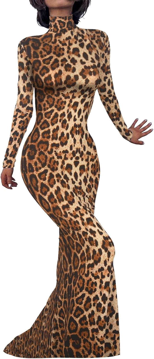 Vestido largo de manga larga para mujer – Vestido formal casual de cuello alto, elegante dobladillo de sirena 2025