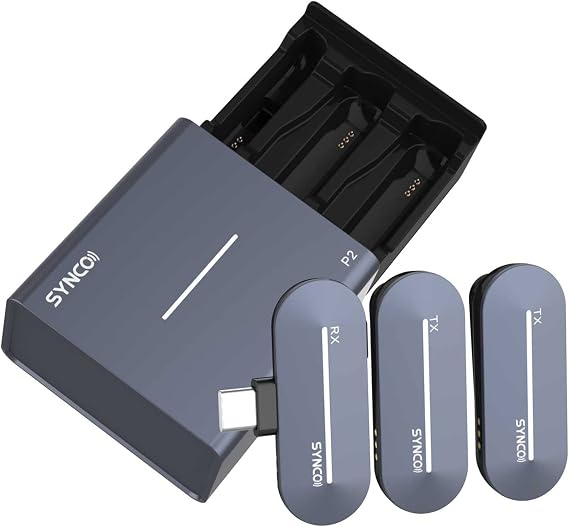 SYNCO P2ST Dual Microphone 2.4GHz Wireless Lavalier Lapel Mic 2 Transmitters & 1 Receiver with Type-C Wireless Mic for for Android Devices