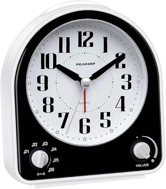Peakeep Analog Alarm Clock Non-Ticking Silent, 7 Wake-up Sounds | with Volume Control, Nightlight and Snooze, AA Battery Operated (Black)