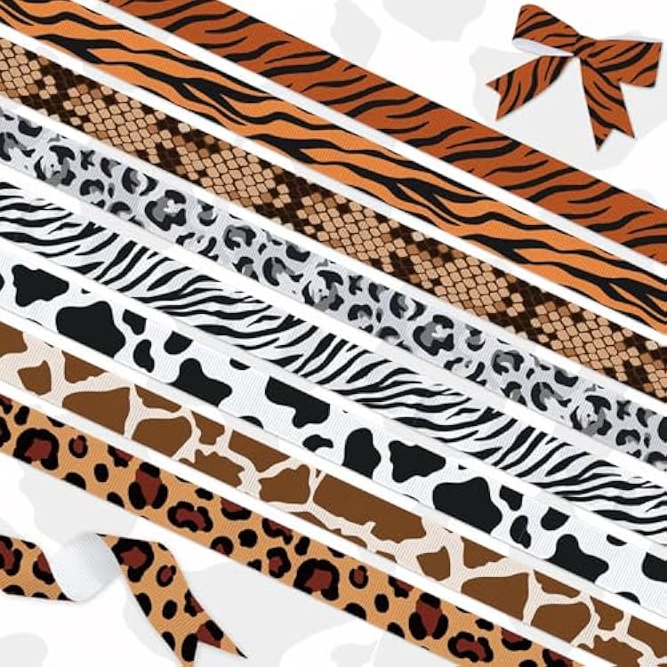 YKW 8 Rolls Animal Print Ribbon Set, 24 Yards Total, 38 Wide, Tiger, Leopard, Giraffe, Zebra, Snake Patterns Ribbons,for Jungle Animal Party Decor, Safari Theme Gift Wrap,DIY Crafts