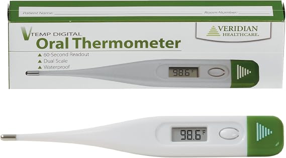 Veridian Digital Thermometer | 60-Second Readout | Fever Alert + Memory Recall| Clinical Rigid Tip | Hygienic Water-Resistant Easy Cleaning | Storage Case + Probe Covers Included
