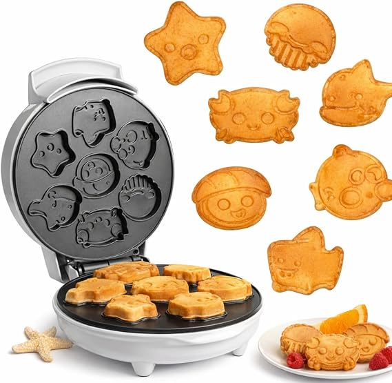 Sea Creature Mini Waffle Maker- Summer Fun, Make 7 Different Ocean Animal Shapes in Minutes- Cool for Kids & Adults w Novelty Aquatic Pancakes- Electric Non-Stick Waffler Iron, Quick & Easy Breakfast