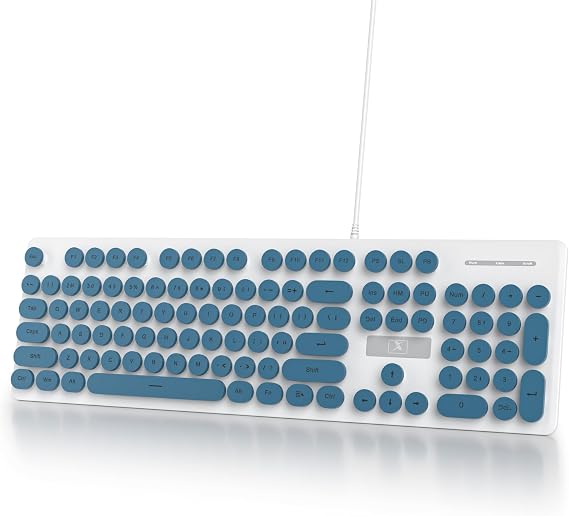Wired Retro Computer Keyboard, Quiet Typewriter Keyboard, Blue Cute Keyboards Light up with Round Keycaps, LED Backlit,104-key for PC, Laptop(Blue)