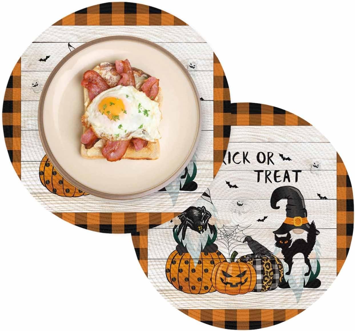 Halloween Round Placemats Set of 2 Orange Pumpkin Monster Place Mats Washable Woven Placemat Gnomes with Witch Hat Circle Braided Table Mat for Kitchen Dining Table Holiday Party Decorations 15 Inch