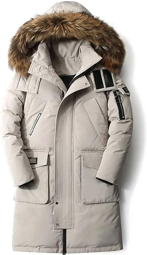 Men's Winter Long Down Jacket Warm Hooded White Duck Parka Removable Collar Waterproof