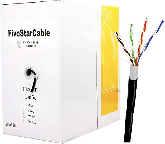 Cat5e 1000 Ft. 24AWG Pull Box Direct Burial/Underground Double Jacket Waterproof Outdoor Burial UTP Ethernet Router LAN Cable - Black