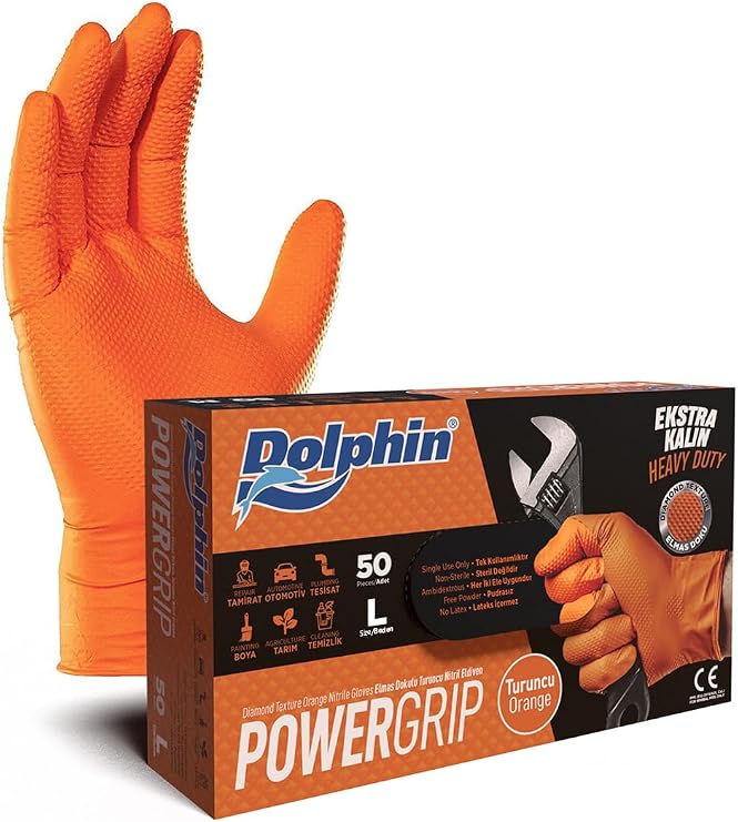 Dolphin PowerGrip Extra Thick Orange Nitrile Gloves Diamond Textured L 50 Pieces