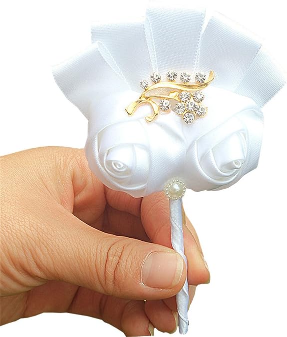 Wedding Groom Ribbon Rose Crystal Rhinestone Boutonniere Corsage