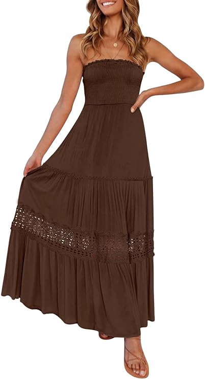 ZESICA Women's 2026 Summer Strapless Boho Beach Vacation Maxi Dresses | Off Shoulder Flowy Long Dress, Cute Lace Tiered Sundress, Fashion Wedding Holiday Casual Dating Clothes