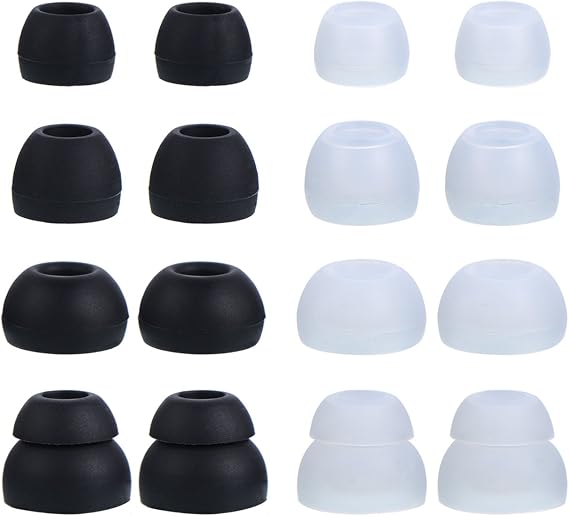 EBOOT 16 Pcs Earbud Tips Silicone Replacement, Noise Isolating Ear Bud Covers, Soft Anti-Slip Eartips, Multi Size S/M/L, Black & Clear
