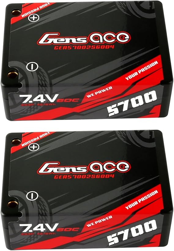 Gens ace 5700mAh 7.4V 60C 2S3P HardCase Lipo Battery Saddle Pack Pack 12# with 4.0mm Bullet to T Plug(2Pcs)