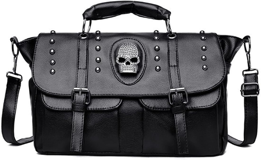 Women Punk Skull Shoulder Bag Large Top-Handle Bag Rivet Purse Gothic Handbag Flip Over Satchel Tote Black