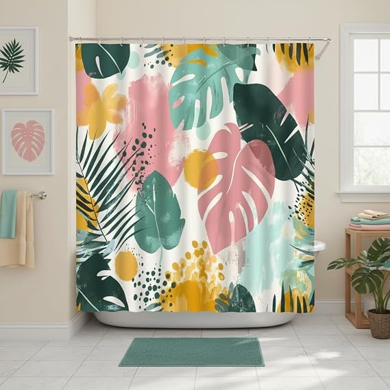 Boho Tropical Palm Leaf Shower Curtain Pink and Green 70 x 70 | Monstera Leaves, Mid Century Modern, Abstract Minimalist Watercolor, Jungle Fabric Bathroom Decor Curtains with Hooks