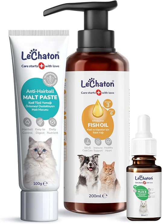 Kedi Tüy Döküm Dökülmesi Önleyici Engelleyici Tüy Sağlığı Destekleyici Set, Malt Paste, Balık Yağı (Omega 3-6) ve Plus B Tüy Damlası, Tüy Yumağı & Deri Tüy Destek