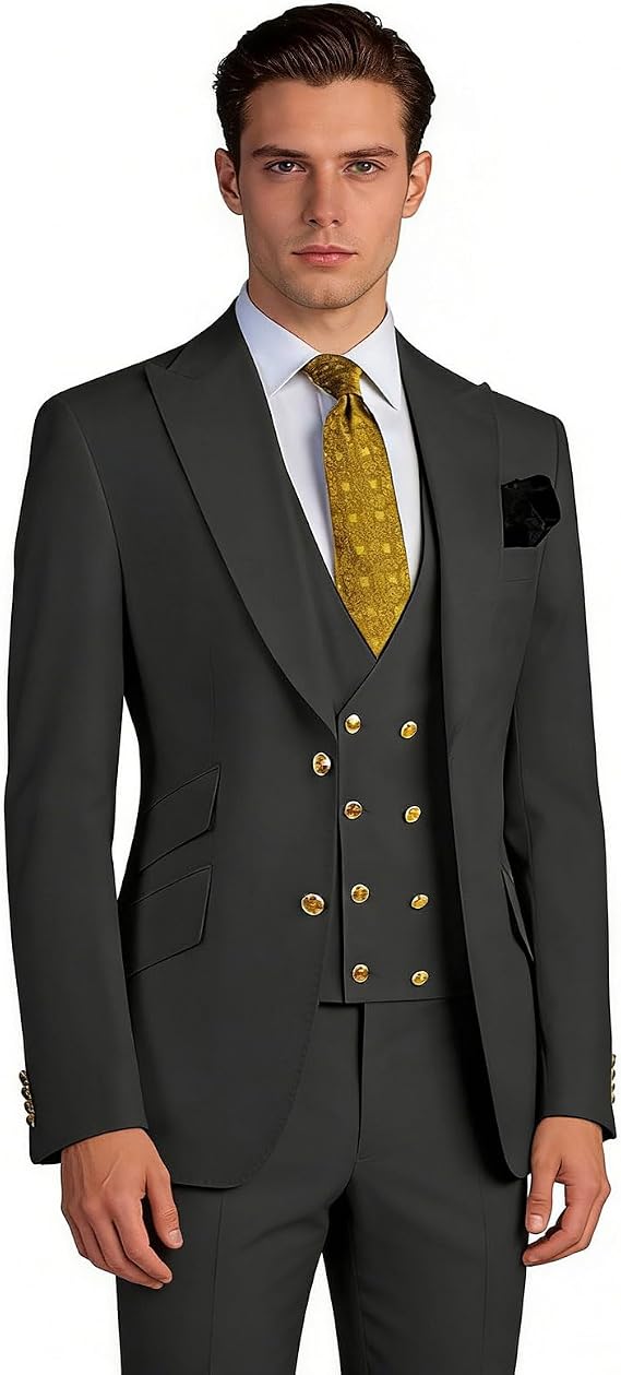 3 Piece Men's Suits Suits for Men Wedding Prom Gold Buttons Tuxedo Jacket Vest Pants Suits Formal Business