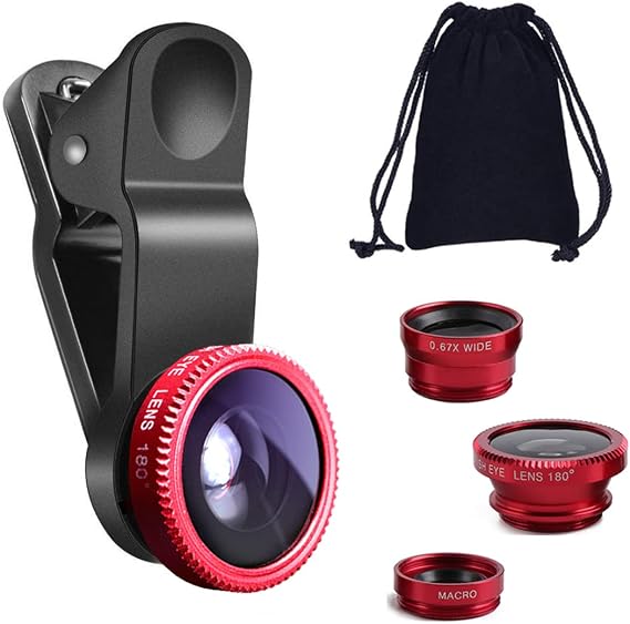KINGMAS 3 in 1 Universal Fish Eye Lens + Wide-Angle Lens + Macro Clip Camera Lens Kit for iPad iPhone Samsung Android and Most Smartphones red