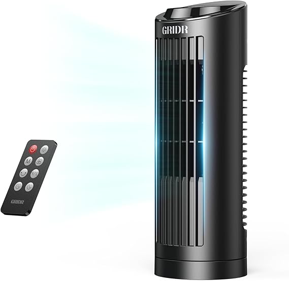 GRIDR 13" Bladeless Tower Fan with 3 Speeds, 4 Mode (AI, Normal, Natural, Sleep), Touch Screen + Remote Control, 12H Timer, 80 Oscillation, Fast Cooling, Desk Fan for Bedroom Home Office Desktop