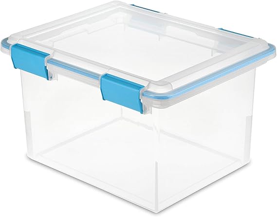 Sterilite 32 Quart Stackable Clear Plastic Storage Tote Container with Blue Gasket Latching Lid for Home and Office Organization, Clear (20 Pack)