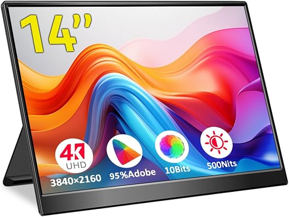 4k Portable Monitor, 14 Inch Portable Monitor USB C, 10-Bit Adobe 95% HDR Game Display with USB C/HDMI/Mini DP Compatible with Laptop/Game Console/PC/Surface