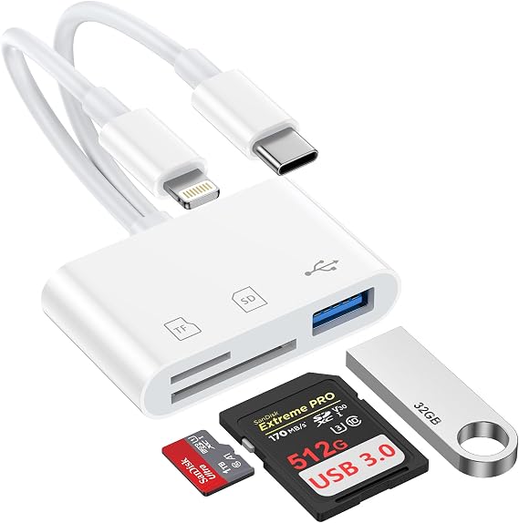 3 in 2 SD Card Reader for iPhone, Lightning USB C SD Card Reader Adapter