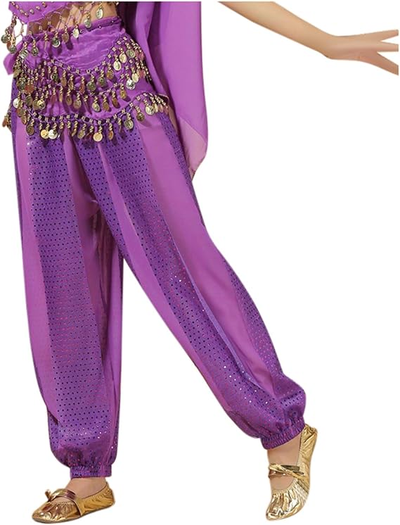 Belly Dance Harem Pants, Womens Sequin Harem Pants High Waist Lantern Pants Chiffon Costume Coin Halloween Trousers