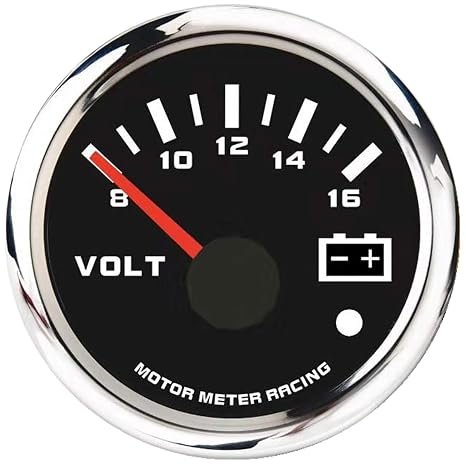 MOTOR METER RACING W Pro Series 52mm 2-1/16" Volt Gauge Voltmeter 8-16 V Black Dial White LED Warning Function Waterproof for Car Truck Marine Boat Yacht