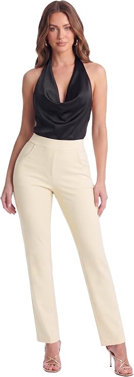 Hybrid & Company Women's Ponte Straight Leg Pants | Ultra stretch ponte fabric, straight leg fit, pull on waist, comfortable office pants, casual wear, work, daily styling
