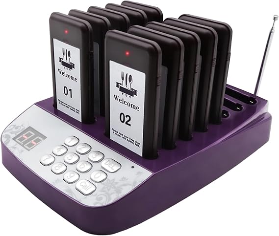 10-Pack Wireless Pager System - Social Distancing Buzzer & Guest Calling Device for Restaurants, Retail, Healthcare (Waterproof, Rechargeable Beepers)