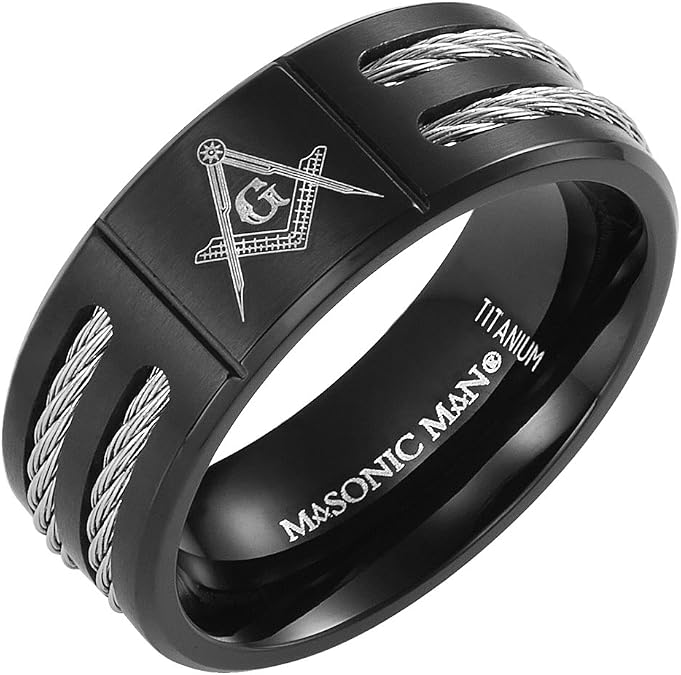 MasonicMan New Mens Black Titanium Masonic Ring Latin Engraving Inside