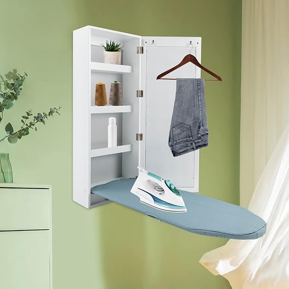 Wall-Mounted Ironing Board Cabinet, Ironing Board Holder, Wall Mounted Storage Cabinet Foldable with Mirror, White