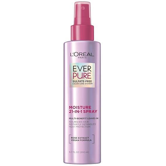 L'Oreal Paris EverPure Moisture 21-in-1 Leave In Conditioner, Multi-Benefit Heat Protectant Spray for Hair Up to 450F, Detangling Frizz Control for Color Treated, Dry, or Damaged Hair, 6.7 Fl Oz