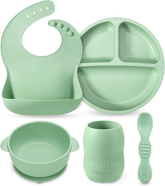 PandaEar Silicone Baby Feeding Set - 6-12 Months | LED Weaning Supplies - Bib + Plate with Suction + Cup + Bowls and Spoon