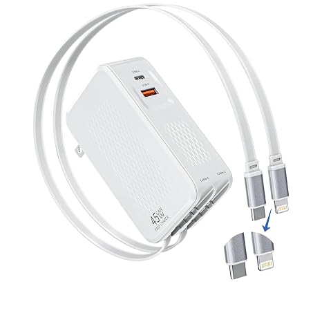 Retractable iPhone Charger Fast Charging,4 in 1 Retractable Wall Charger 45W Travel Essentials Multiport Plug Foldable Block Lightning &USB C Cables for iPhone 17Pro Max/16/15/14/13/12/11,iPad,AirPods