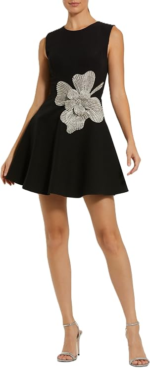 Mac Duggal Crepe Sleeveless Mini Dress with Rhinestone Flower