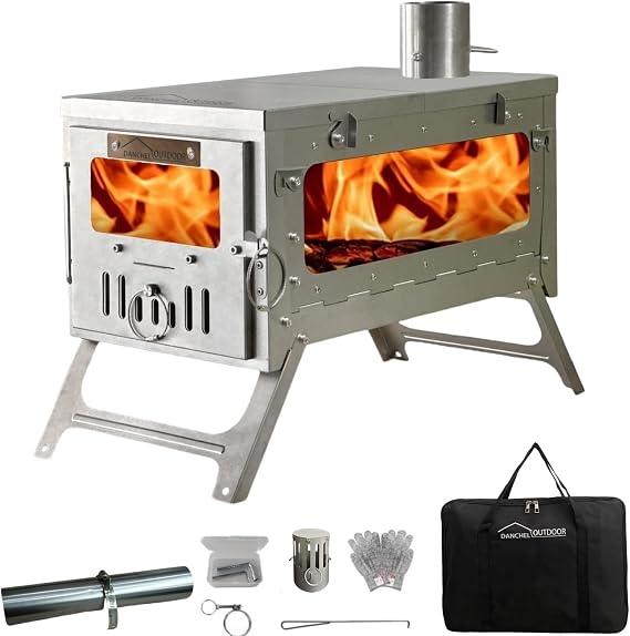 DANCHEL OUTDOOR TSG Portable TA1 Titanium Tent Wood Stove for Backpacking Camping, Collapsible Hot Tent Stove Rollable Chimney Pipe Cooking Hiking (Small/Large)