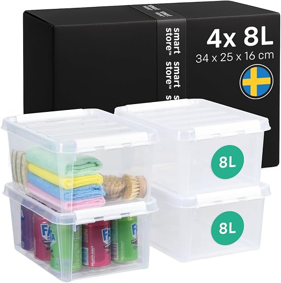 SmartStore - 4x Plastic Storage Box with Lid Classic 8L (34x25x16cm) |Plastic Storage Drawers with Lid|Food-Safe Material|Kitchen & Organisation|Durable Container for Home & Office|