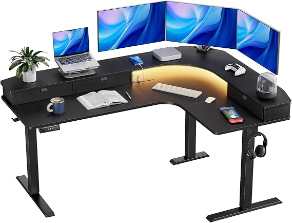HUANUO 65 L Shaped Standing Desk with 3 Drawers, Adjustable, Black | Built-in Power Outlets, LED Strip, Smooth Electric Height Adjustment, 4 Memory Presets, 220 lbs Capacity, Power Strip Holder