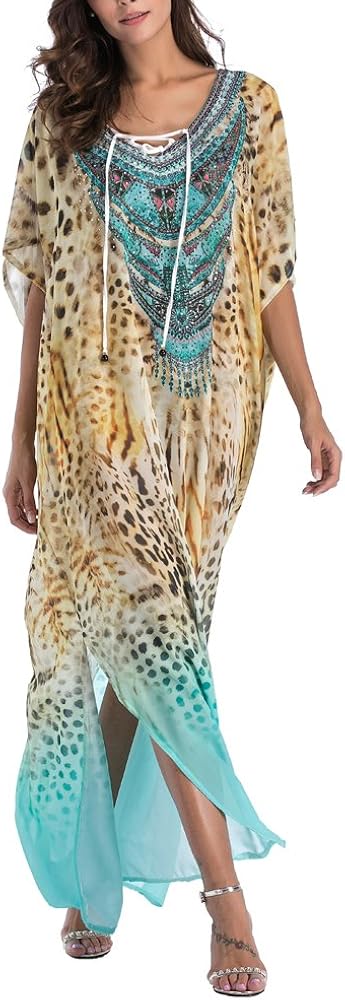 SMUDGE Life Kaftan Dresses for Women Open Front Long Swimsuit Beach Cover Up Kimono