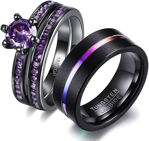 結婚指輪セット 彼女のカップル マッチングリング レディース 18k ブラックゴールドフィルド バイオレット Cz 結婚婚約指輪 ブライダルセット&メンズタングステンカーバイド結婚指輪, クリスタル 石 金属, キュービックジルコニア