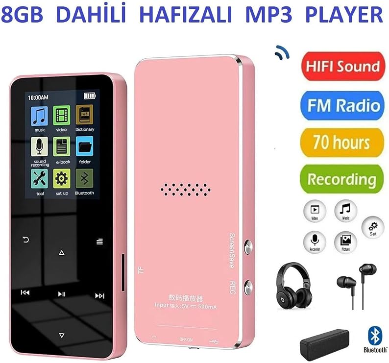 Junglee 8Gb Hafizali Mp3-Mp4 Player Müzik Çalar Fm Radyo Bluetooth Kulaklik Ve Hoparlör Ile Kullanabilme Pembe