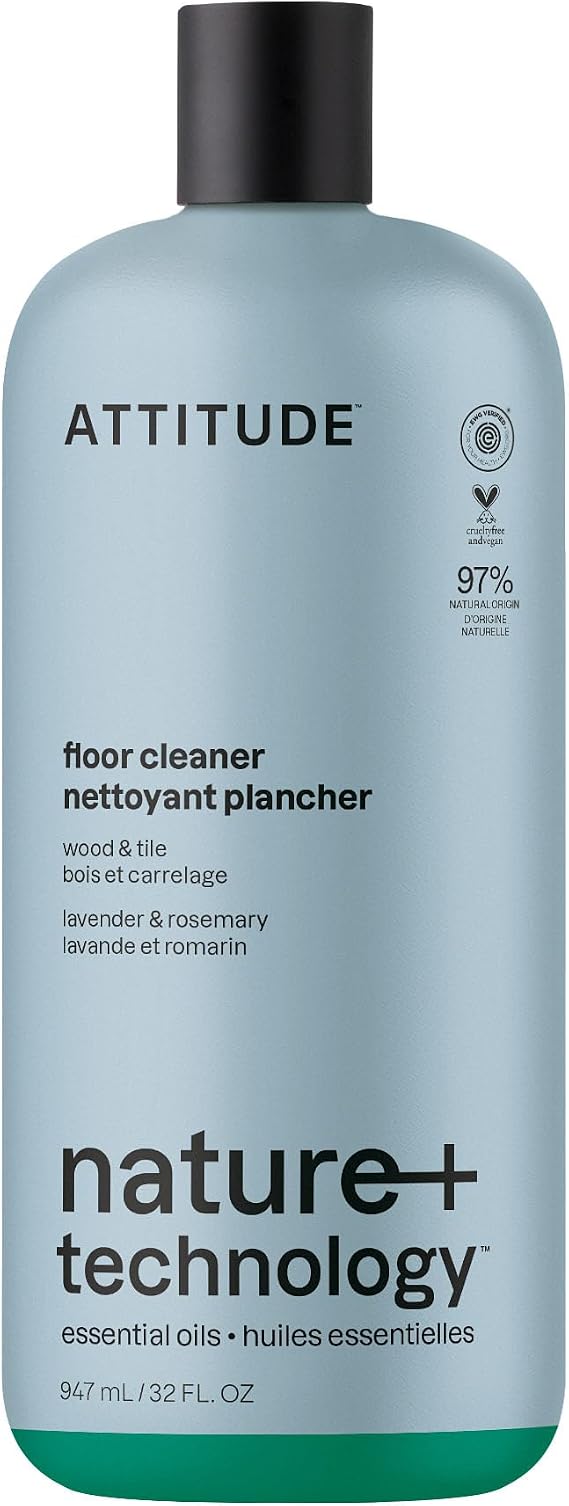 ATTITUDE Floor Cleaner, Natural Origin Ingredients, EWG Verified, Dissolves Stubborn Dirt and Grime, Streak-Less, Lavender & Rosemary, 32 Fl Oz