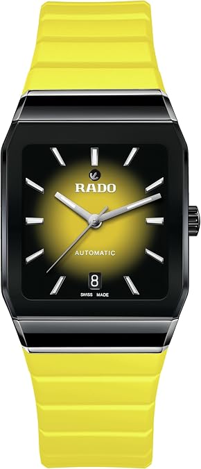Rado - Anatom Open Heart - Unisex Automatic Swiss Watch - 32mm Square Black Yellow Dial - Yellow Rubber Bracelet - R10201259